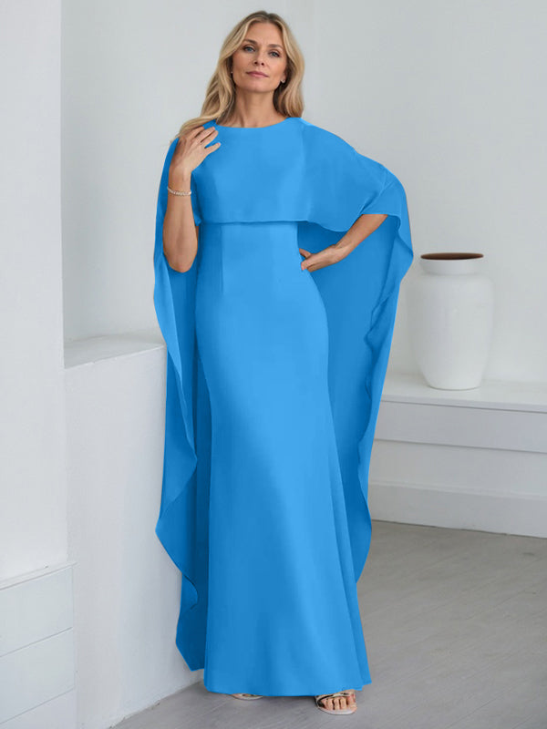 Etui-Kleid mit Rundhalsausschnitt, bodenlang, Chiffon, Mutter-der-Braut-Kleid mit kaskadierenden Rüschen