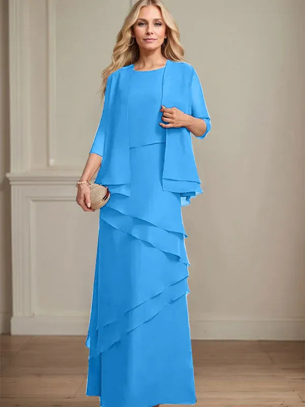 Abito da madre della sposa in chiffon a colonna con scollatura a U e lunghezza fino a terra