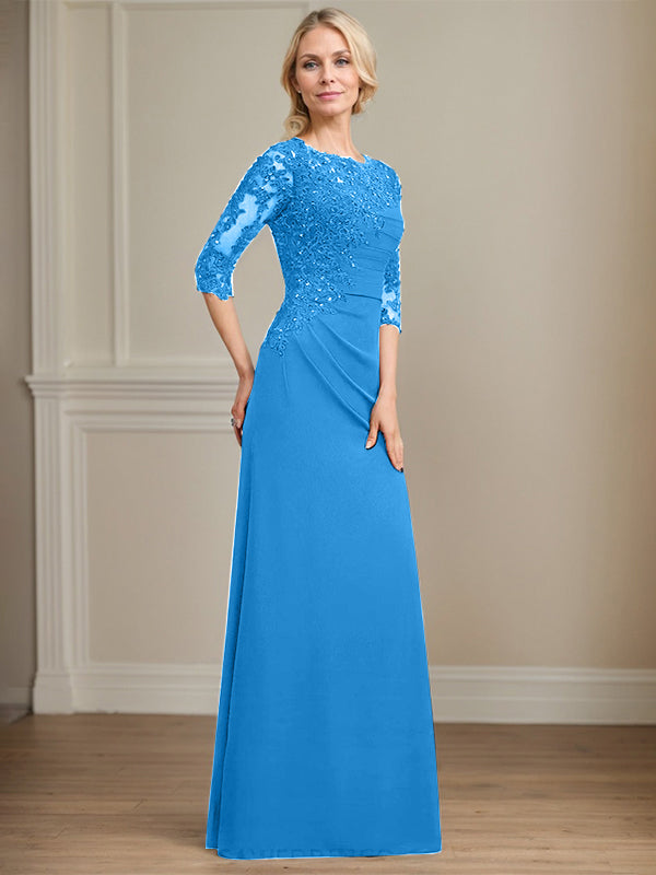 A-Linie Rundhals bodenlanges Chiffon Spitzen Brautmutterkleid mit Perlen Falten Pailletten