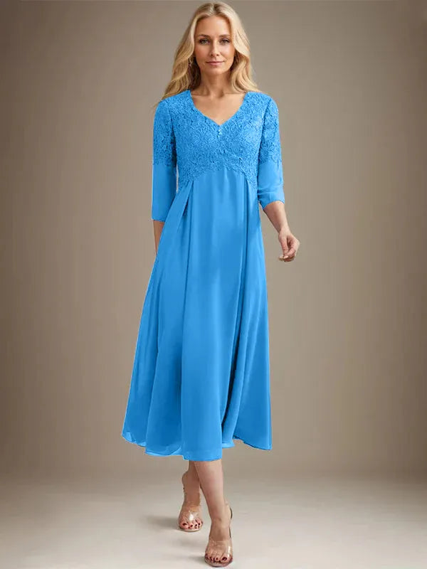 Vestido línea A con escote en V, largo hasta el té, de gasa y encaje para madre de la novia con pedrería