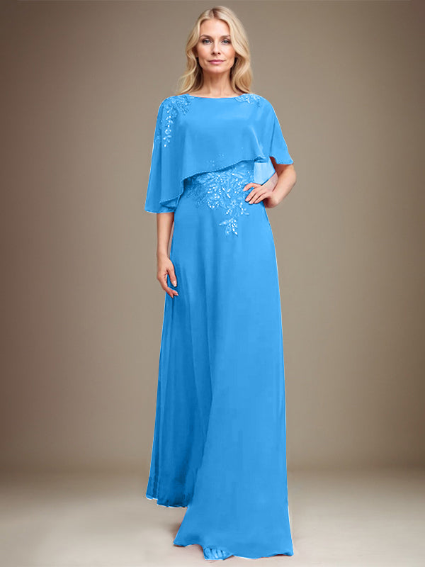 A-Linie Rundhals Bodenlanges Chiffon-Spitzenkleid für die Brautmutter mit Pailletten und Perlen