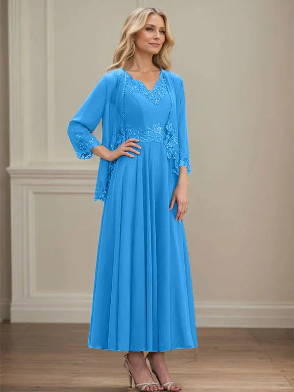 A-Linien Kleid mit V-Ausschnitt, knöchellang, aus Chiffon, Mutter der Braut Kleid mit Pailletten, Applikationen, Spitze und Perlenbesatz