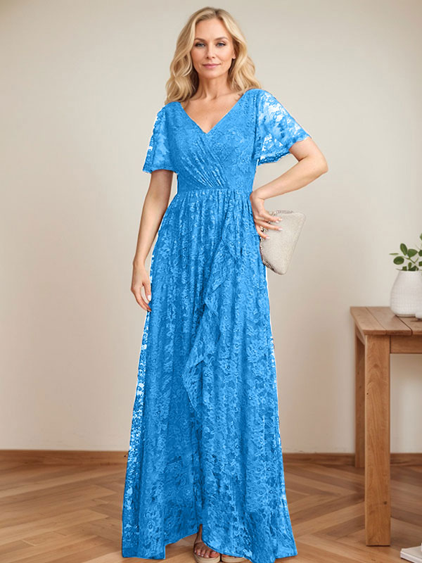 A-Linien Spitzen-Mutter-der-Braut-Kleid mit V-Ausschnitt, asymmetrisch und mit kaskadierenden Rüschen