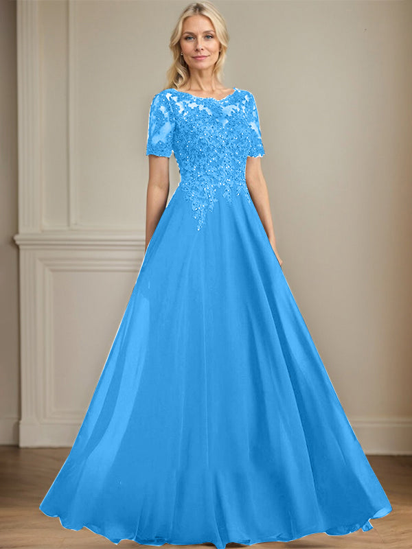 A-Linien Rundhals Illusions-Bodenlanges Chiffon-Spitzenkleid für die Mutter der Braut mit Pailletten und Perlen