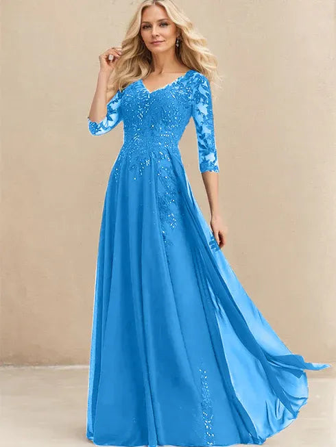 A-Linien V-Ausschnitt Bodenlanges Spitzen-Chiffon Kleid für die Brautmutter mit Pailletten