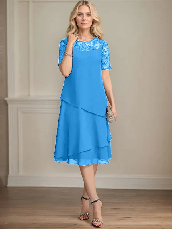 A-Linien Rundhals Illusions-Knie-Länge Spitzen-Chiffon Kleid für die Brautmutter mit Pailletten
