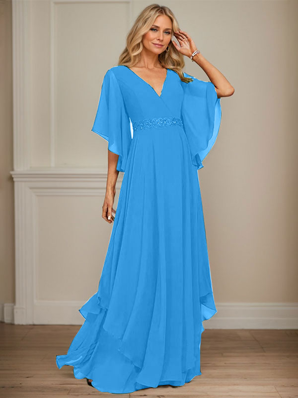 A-Linien V-Ausschnitt bodenlanges Chiffon-Mutter-der-Braut-Kleid mit Pailletten-Applikationen, Spitze und Perlen