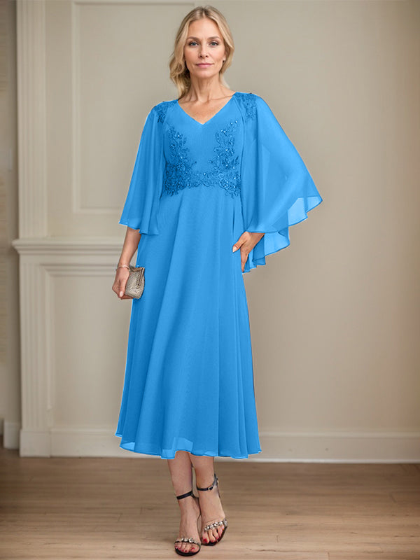 A-Linien-Brautmutterkleid aus Chiffon, V-Ausschnitt, tea-length mit Spitze, Pailletten und Perlen
