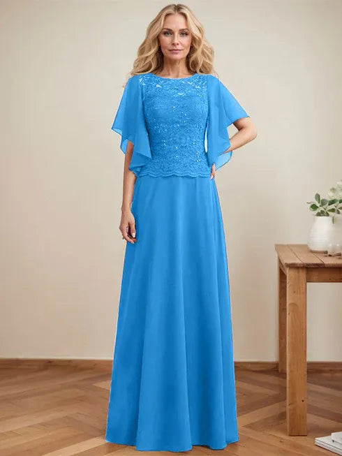 A-Linien Rundhals Illusions-Bodenlanges Spitzen-Chiffon Mutter-der-Braut-Kleid mit Pailletten