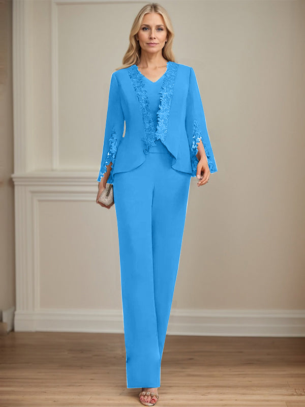 Zweiteiler Jumpsuit/Hosenanzug V-Ausschnitt bodenlanges Chiffon Mutter der Braut Kleid