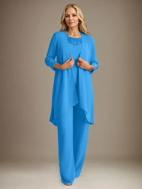 Chiffon Kleid mit Rundhalsausschnitt und langen Ärmeln, Mutter-der-Braut Hosenanzug mit Jacke