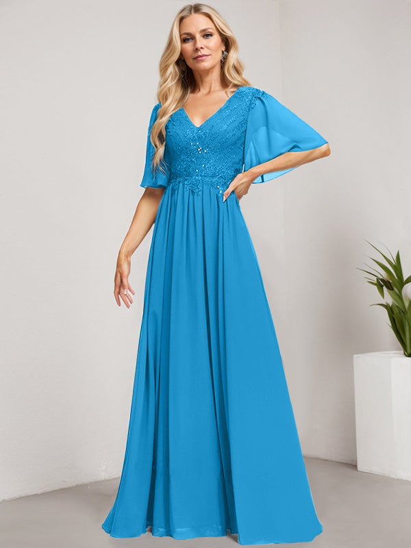 Robe mère de la mariée ligne A col en V longue en dentelle et chiffon avec sequins