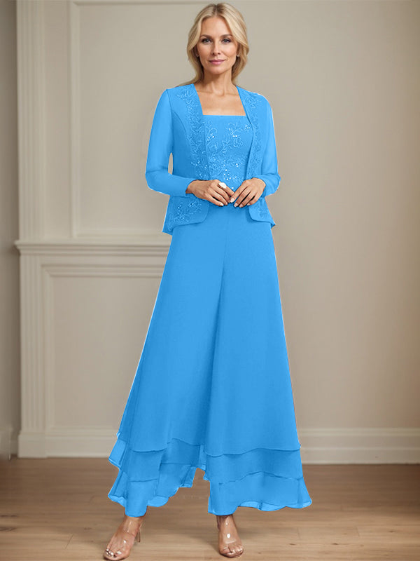 Zweiteiler Jumpsuit/Hosenanzug quadratisch knöchellang Spitze Chiffon Brautmutterkleid mit Pailletten