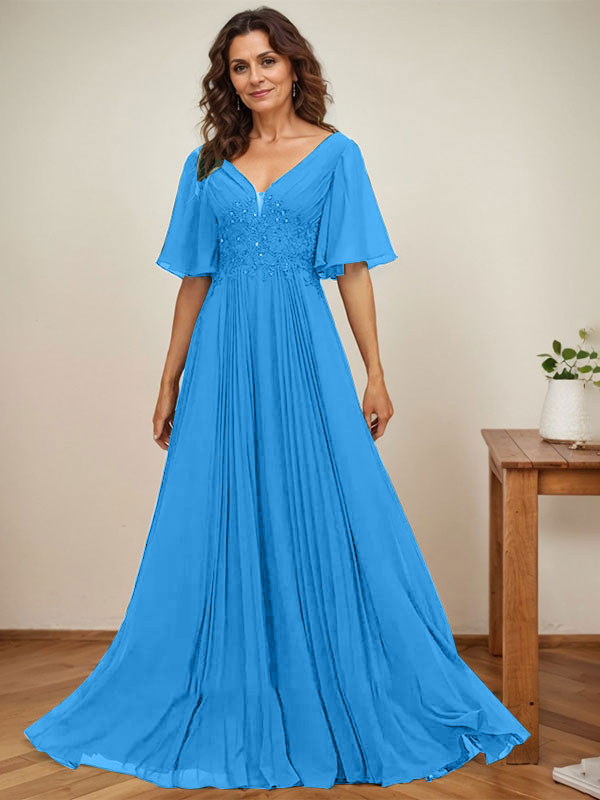 A-Linien V-Ausschnitt bodenlanges Chiffon Mutterkleid der Braut mit Pailletten-Applikationen, Spitze und Falten