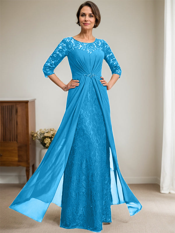 A-Linien Rundhalsausschnitt Illusions-Bodenlanges Spitzen-Chiffonkleid für die Brautmutter mit Perlen und Volants