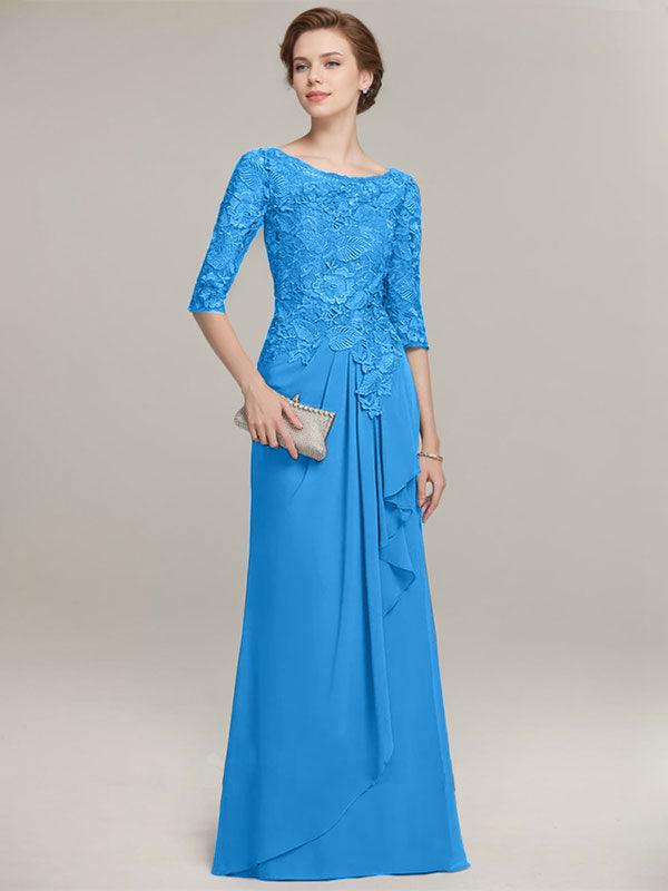 A-Linien Rundhalsausschnitt Illusions bodenlanges Spitzen-Chiffon Mutter der Braut Kleid mit kaskadierenden Rüschen