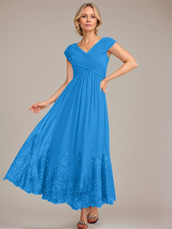 A-Linien V-Ausschnitt Knöchellanges Chiffon Kleid der Brautmutter mit Applikationen und Pailletten