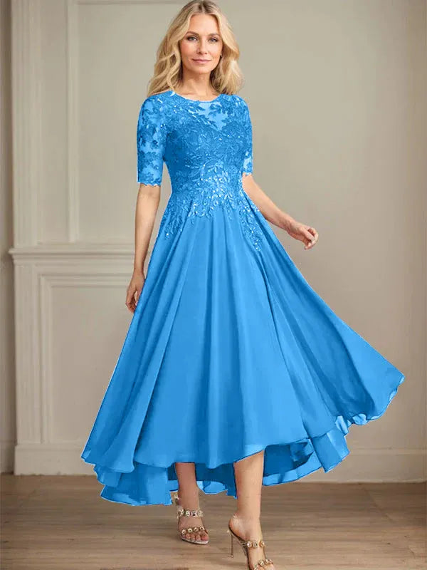 A-Linien Scoop-Ausschnitt Illusion asymmetrisches Chiffon-Spitzen-Mutter-der-Braut-Kleid mit Pailletten