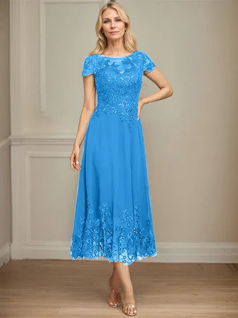 A-Linien Illusions Rundhals tea-langes Spitzenchiffon Mutter der Braut Kleid mit Pailletten