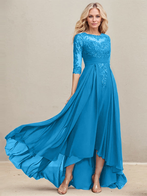 A-Linien Ausschnitt Illusions Asymmetrisches Spitzen-Chiffon Kleid für die Mutter der Braut mit plissierten Pailletten