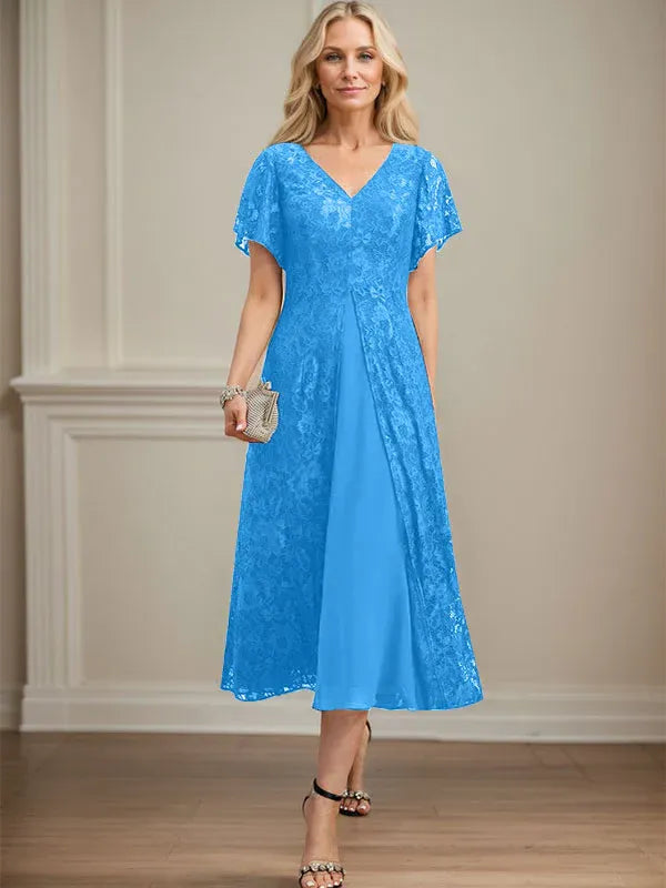 Robe mère de la mariée ligne A en dentelle et mousseline à col en V longueur thé