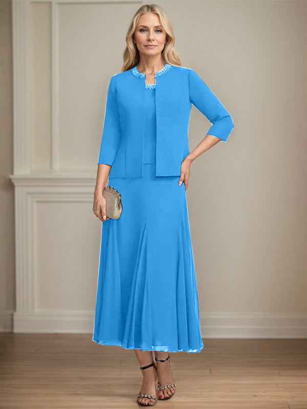 Separates A-Linien Chiffonkleid mit Rundhalsausschnitt, tea-length, Mutter der Braut mit Pailletten und Perlen