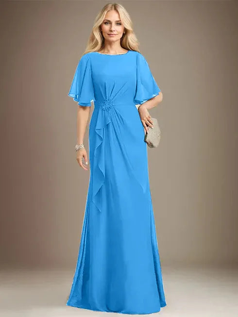 A-Linien Rundhals bodenlanges Chiffon Mutter der Braut Kleid mit kaskadierenden Rüschen Perlen Pailletten