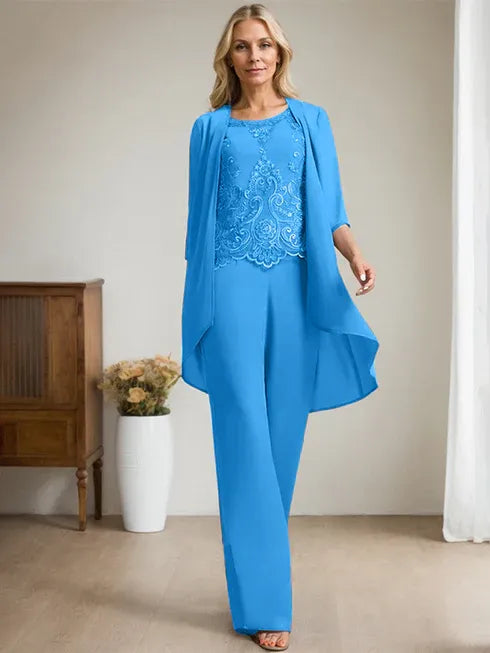 Zweiteiler Jumpsuit/Hosenanzug mit Rundhalsausschnitt, bodenlanges Chiffon-Spitzenkleid für die Mutter der Braut mit Perlen und Pailletten