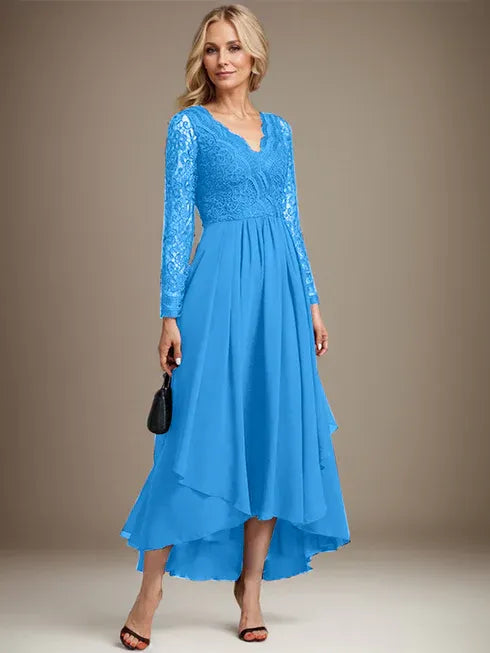 Vestido de madre de la novia en línea A con escote en V, encaje y gasa asimétrica