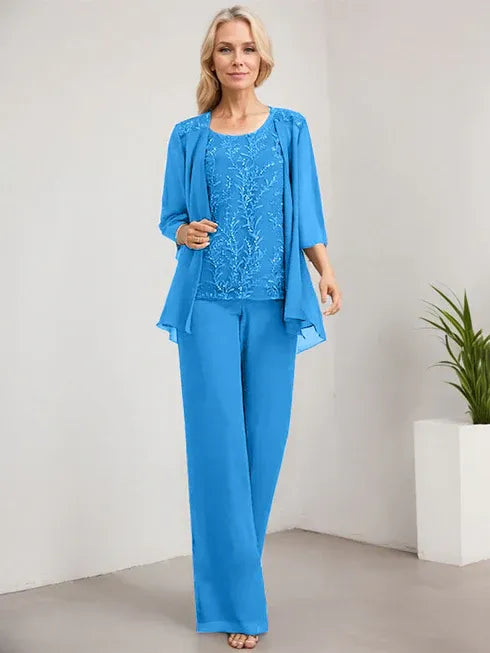 Zweiteiler Jumpsuit/Hosenanzug U-Ausschnitt bodenlanges Spitzen Chiffon Mutter der Braut Kleid mit Pailletten