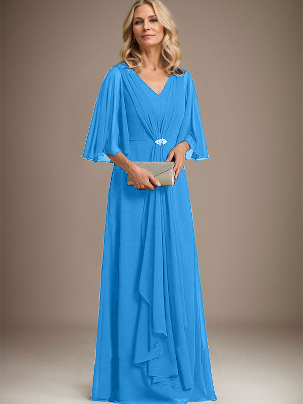 A-Linien V-Ausschnitt Bodenlanges Chiffon Kleid für die Brautmutter mit kaskadierenden Rüschen und Kristallbrosche