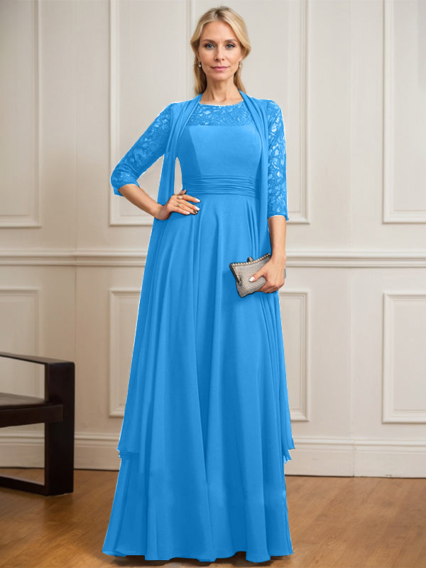 A-Linien Kleid mit Rundhalsausschnitt, Illusion, bodenlang aus Spitze und Chiffon, Mutter-der-Braut-Kleid mit Faltenwurf