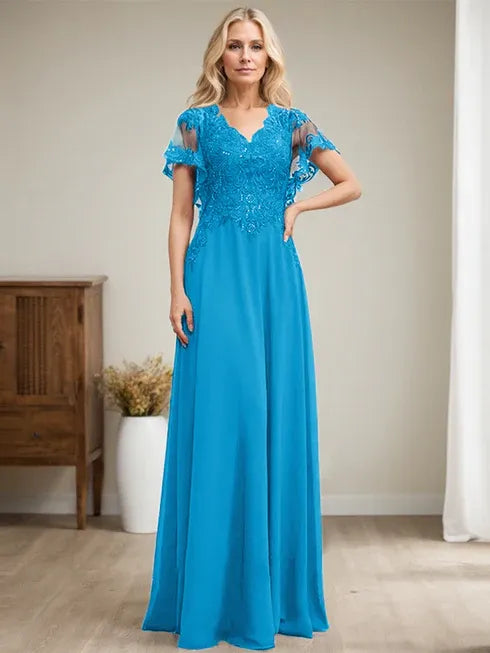A-Linien V-Ausschnitt Bodenlanges Spitzen-Chiffon Kleid für die Brautmutter mit Pailletten