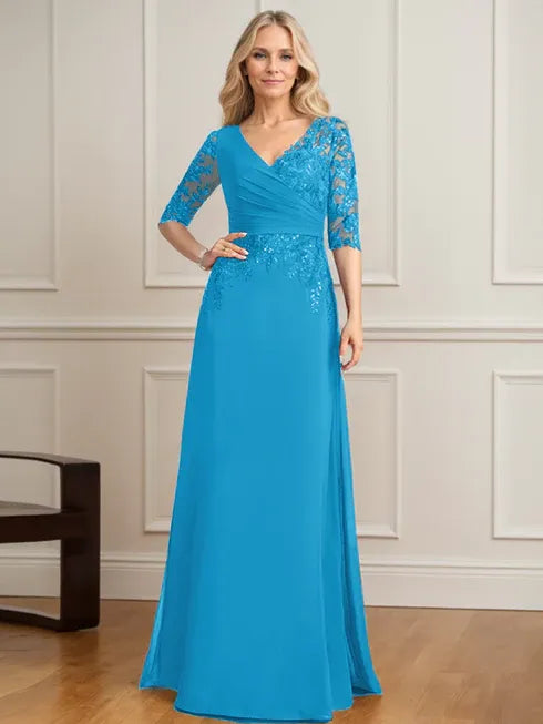 A-Linien V-Ausschnitt bodenlanges Spitzen-Chiffon Kleid der Brautmutter mit plissierten Pailletten