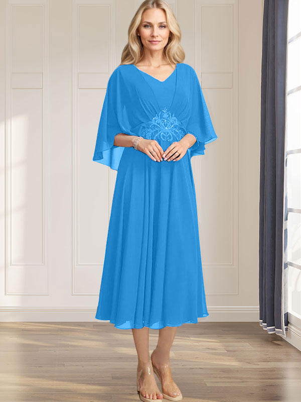 Robe de mère de la mariée en mousseline, longueur thé, col en V, en ligne A, avec appliques plissées, sequins, dentelle et perles