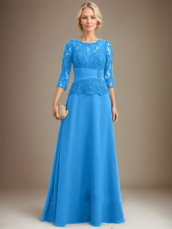 A-Linien Kleid mit Scoop-Ausschnitt, Illusion, bodenlangem Chiffon und Spitze, Mutter-der-Braut-Kleid mit plissierten Pailletten und Perlenbesatz