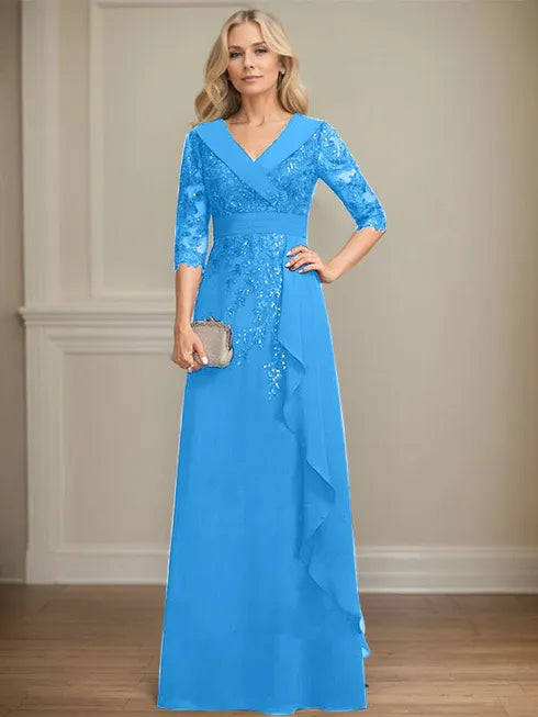 A-Linien Kleid mit Kragen, V-Ausschnitt, bodenlang, aus Spitze und Chiffon, Mutter der Braut Kleid mit Pailletten und fallenden Rüschen