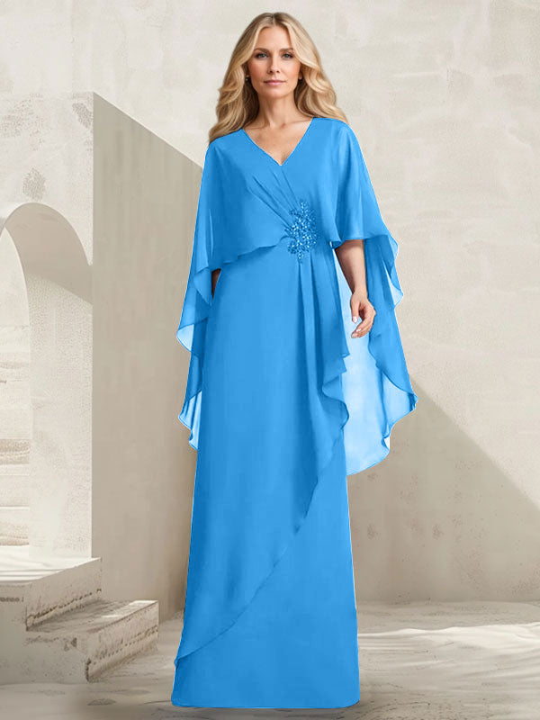 Robe mère de la mariée longue en chiffon coupe trapèze à col en V avec volants en cascade et perles