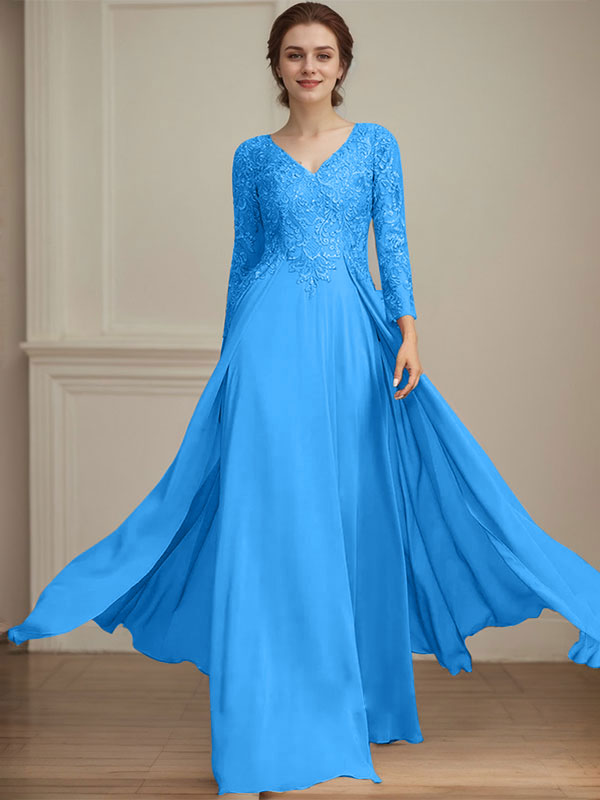 A-Linien V-Ausschnitt Bodenlanges Spitzen-Chiffon Kleid für die Brautmutter mit Pailletten