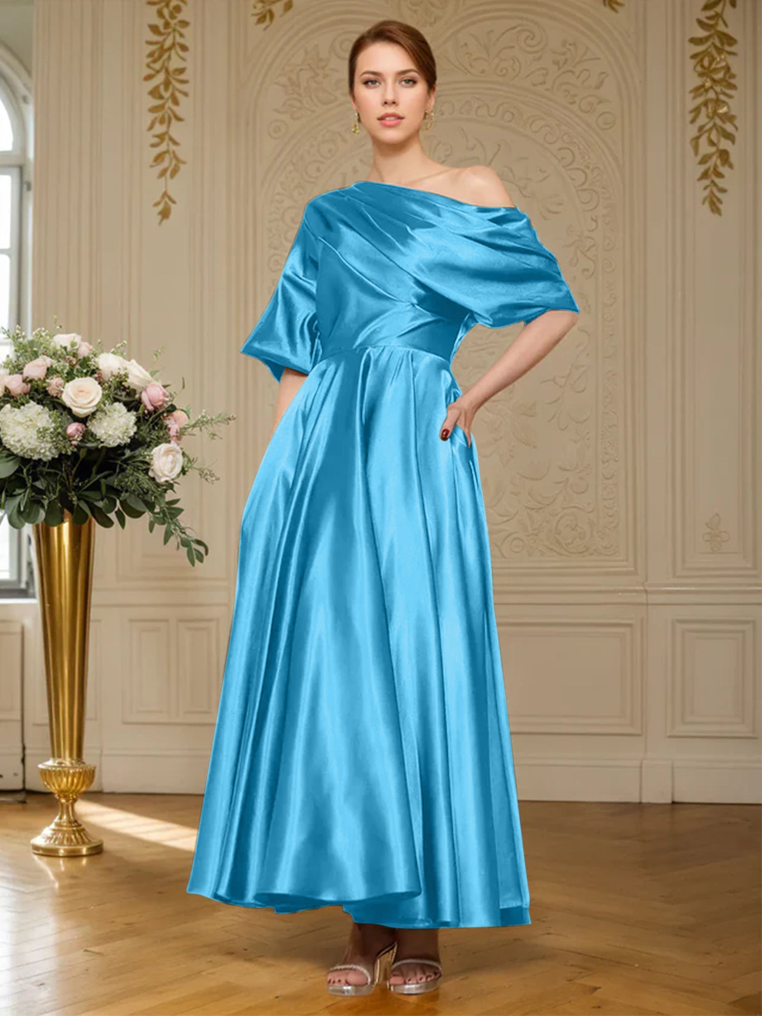 A-Linien Kurzarm plissiertes knöchellanges seidenähnliches Satin Kleid für die Brautmutter