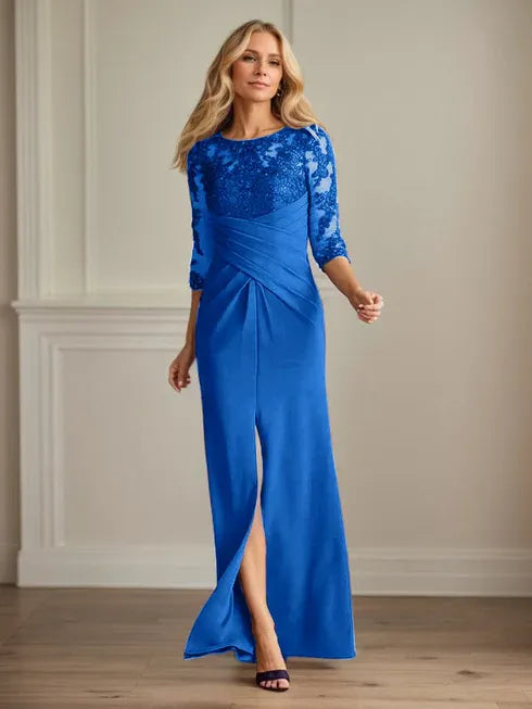Pflaumenfarbenes eng anliegendes Spitzen Stretch Krepp Kleid für die Brautmutter