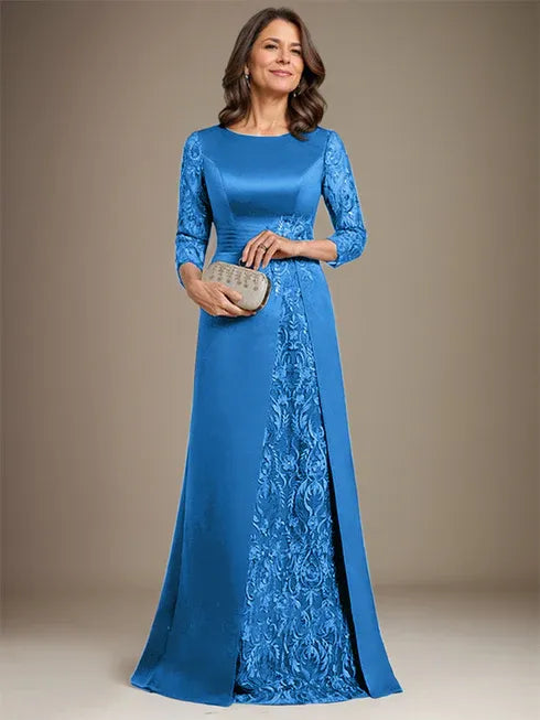 Vestido de madre de la novia largo hasta el suelo con encaje, satén, línea A, escote redondo y aplicaciones