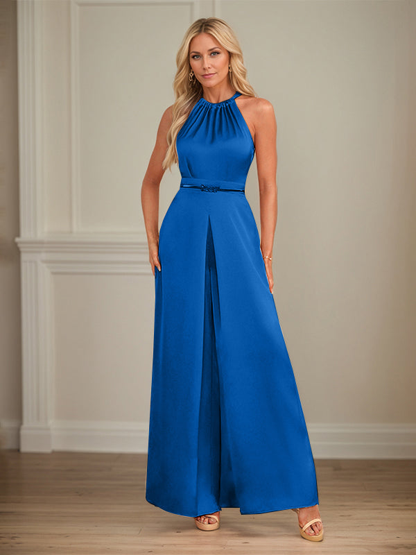 Jumpsuits Neckholder bodenlanges Satin Hochzeitskleid