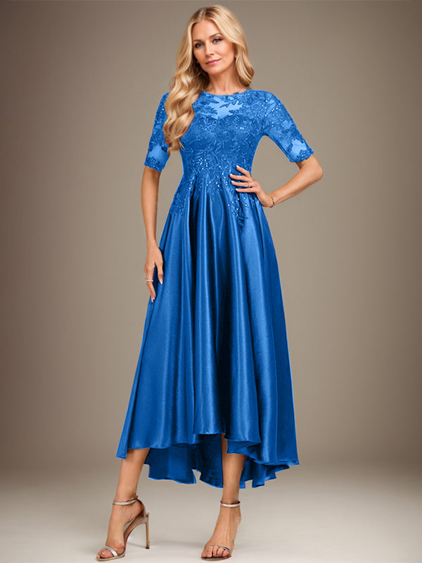 A-Linie Rundhalsausschnitt Illusion Asymmetrisches Stretch-Satin-Spitzen-Brautmutterkleid mit Pailletten