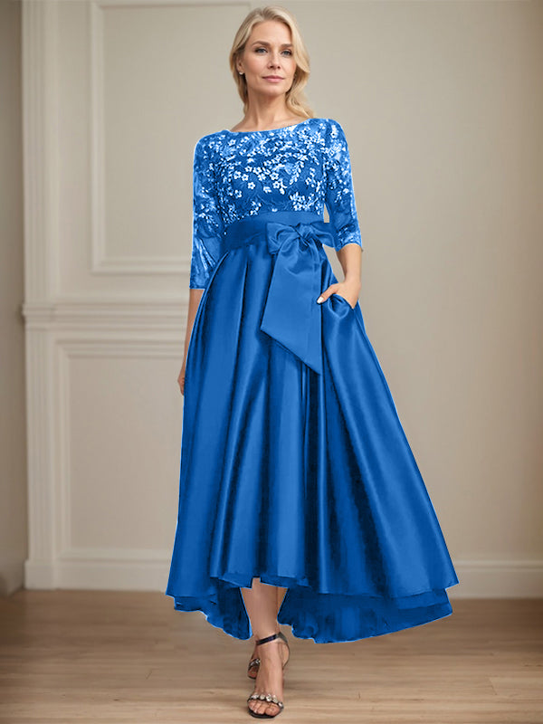 A-line Scoop Illusion Asymmetrical Satin Lace Mother of the Bride Dress With Bow