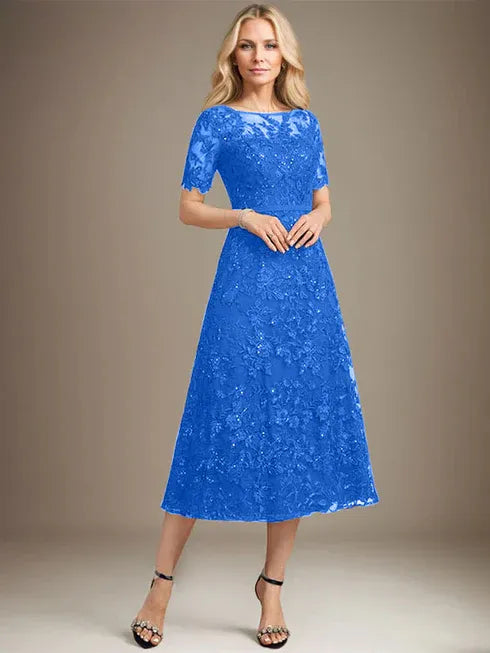 A-Linien Rundhals Illusions-Tea-Length Spitzenkleid der Brautmutter mit Pailletten