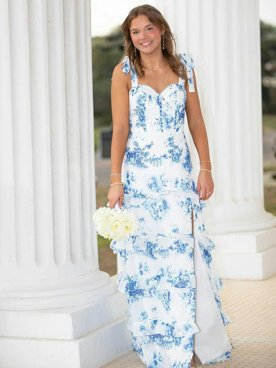 Blaues A-Linien trägerloses, gestuftes Abschlussballkleid mit Print, lang