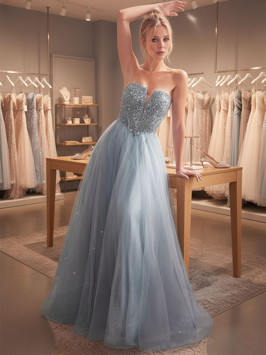 Vestido Longo de Festa A-Line Azul com Decote Coração e Paetês