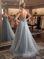 Vestido Longo de Festa A-Line Azul com Decote Coração e Paetês