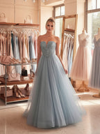 Vestido Longo de Festa A-Line Azul com Decote Coração e Paetês